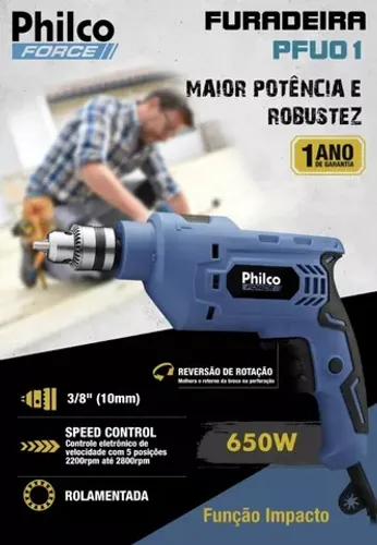 Furadeira Philco Force Impacto e Martelete 650w 5 níveis velocidade reversão rotação 220v