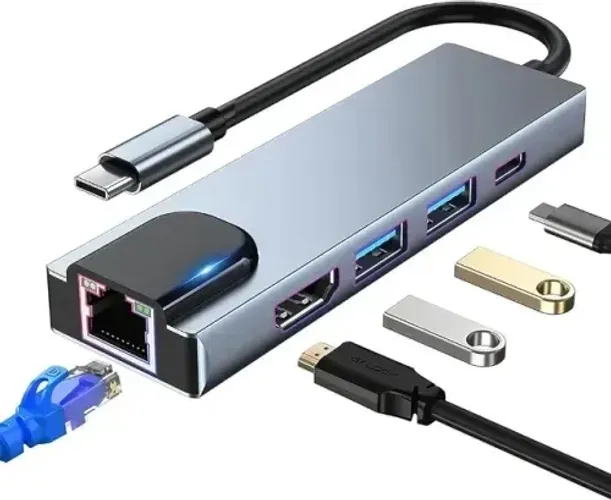 Adaptador multiporta USB C Hub, 5 em 1 USB C Docking Station com 4K HDMI, RJ45 Ethernet, U