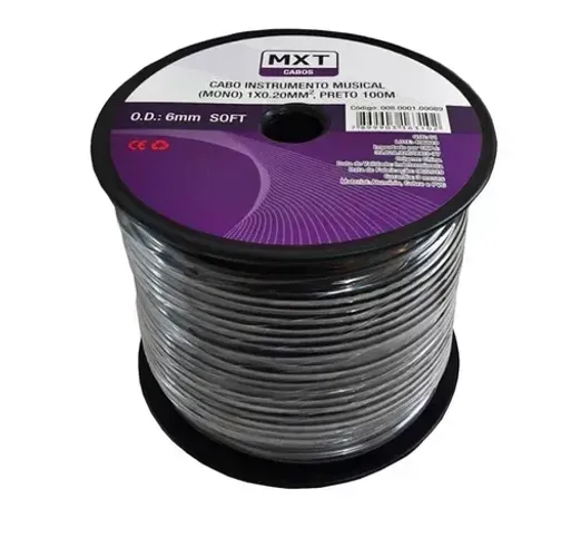 Rolo 100m Cabo De Instrumento Mono 1x0,20mm Od 6mm Preto Mxt