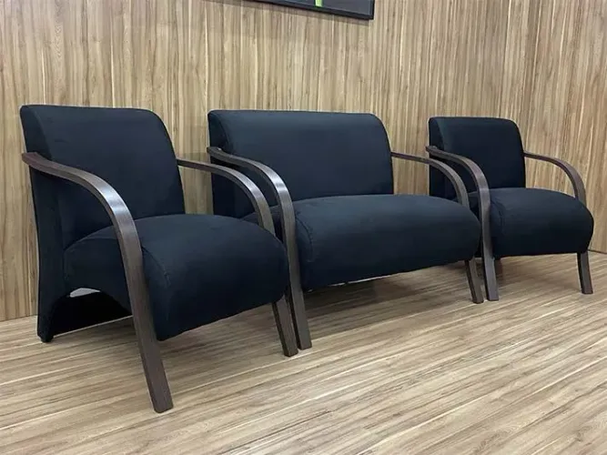 Conjunto de Poltronas 2x1x1 Lugares Preto Braço Madeira