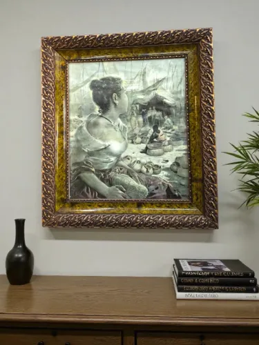 Quadro Gravura Vintage Ceramista Moldura Barroca Marrom E Dourado Marrom E Dourado