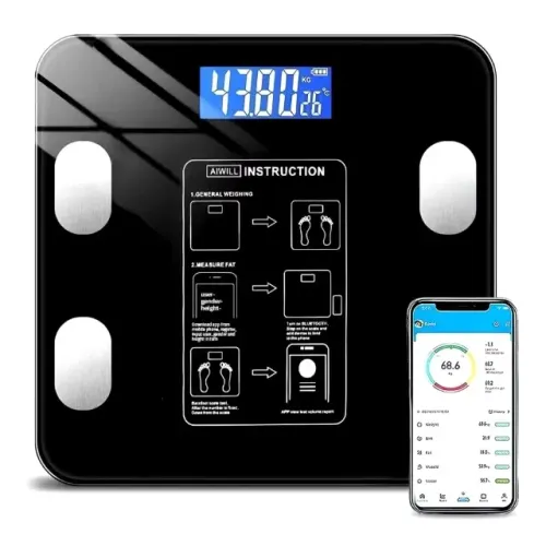 BALANÇA CORPORAL DIGITAL BIOIMPEDANCIA PRETA ATÉ 180KG RESISTENTE VIDRO TEMPERADO QUADRADA