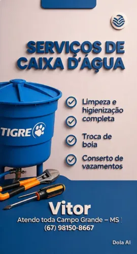 Limpeza de caixa d'agua, troca de boia, concerto de vazamento.