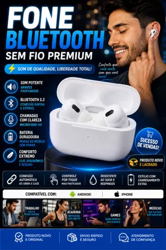 Fone Bluetooth Sem Fio Premium | Som Potente e Bateria Longa + BRINDE