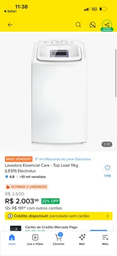 Máquina de lavar 11kg Electrolux