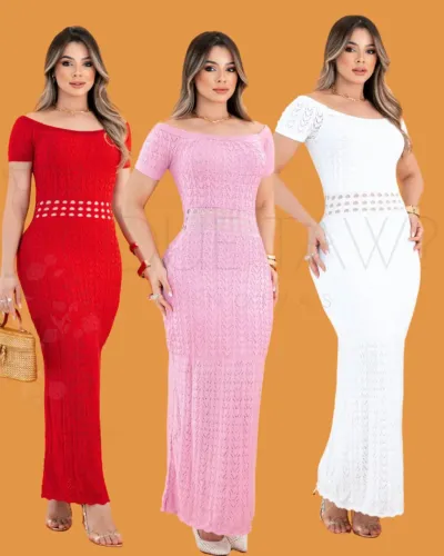 VESTIDO TRICOT LONGO ELEGANTE COM MANGA VERMELHO/ ROSA/ BRANCO