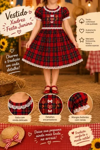 Vestido Infantil Xadrez 60cm Com Renda E Laço Vermelho Unico