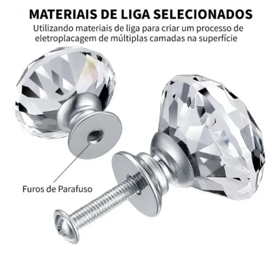 Puxadores Cristal 30mm, kit 4, para armários planejados, gaveta 