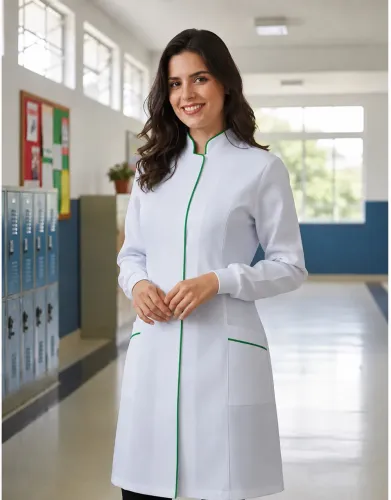 Jaleco feminino branco com friso verde G