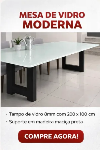 Mesa com tampo vidro 8 mm e 2 m compr x 1 m de largura e base em madeira