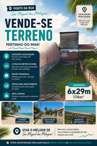 Terreno 6x29 em Porto da Rua | São Miguel dos Milagres | Perto do Mar