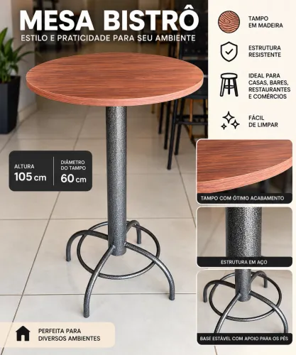 Mesa Bistrô Alta Redonda 60cm - Estrutura em Aço Reforçada