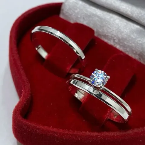 Conjunto Par de alianças e anel solitário em prata 950 autêntica de 3mm