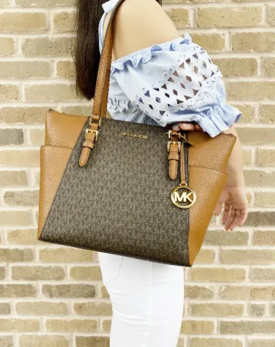 Michael Kors - Charlotte Large Logo and Leather Top-Zip Tote Bag - Brown