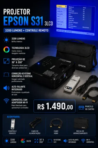Projetor Epson S31 3LCD - 3200 Lumens + Controle Remoto
