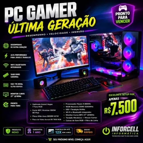 Pc Gamer Ryzen 5-8500G Placa Vídeo RX7600 8gb Ssd 1Tb NVMe 16 Ram Ddr5 Tela Curva 27 180Hz