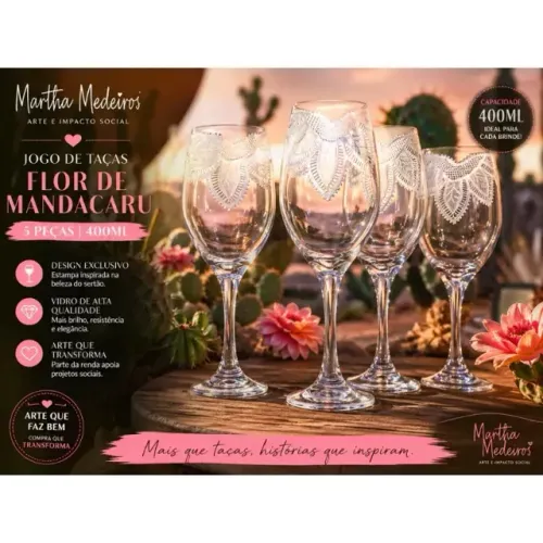 Jogo de Taças Flor de Mandacaru 5 Peças 400ml - Arte e Impacto Social Martha Medeiros
