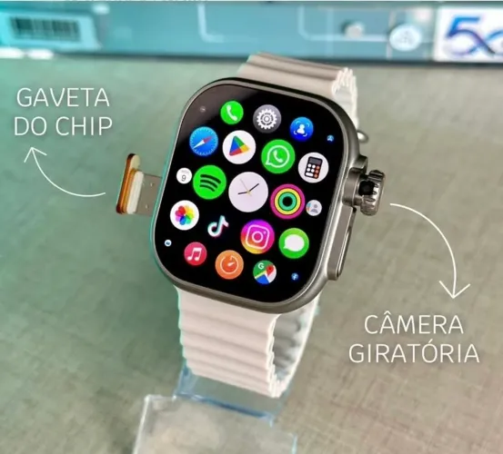 Celular de pulso - Relógio smartwatch 5G Ultra com chip ? ligações sem celular!