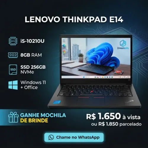 Notebook Lenovo ThinkPad E14 - Intel Core i5 de 10ª geração Mochila de Brinde