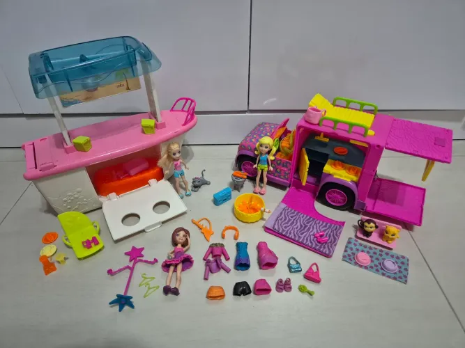 Trailer e Iate Polly Pocket + Boneca e roupas avulsas.
