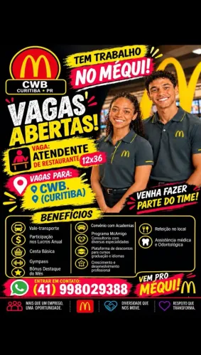 Vaga atendente de restaurante Mc Donalds próximo rodoviária de Curitiba