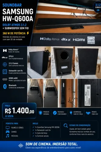 Soundbar Samsung HW-Q600A Dolby Atmos 3.1.2 + Subwoofer Sem Fio 360 W de potência