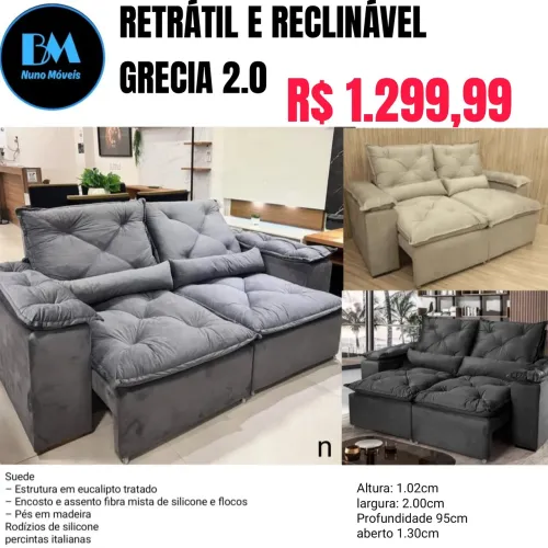 Sofá retrátil reclinável em Suede