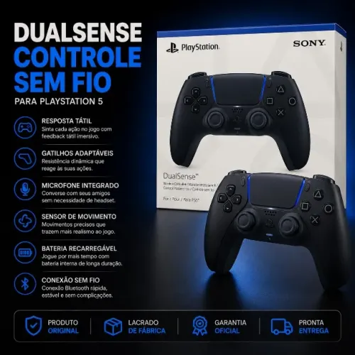 Controle DualSense PS5 Preto Com Vibração e Design Ergonômico