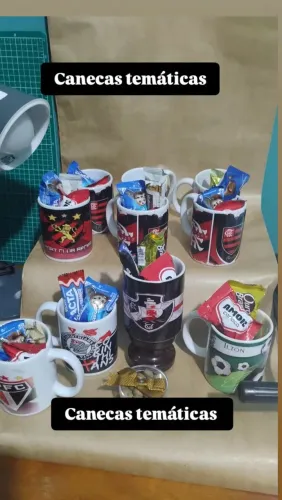 Canecas personalizadas + 5 chocolates+ embalagem simples de celofane 