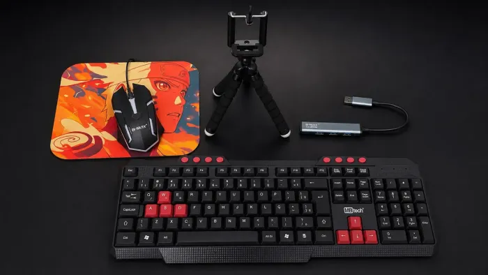 Kit mobiliador Gamer Completo - Teclado + Mouse + Mousepad + Hub USB + Tripé