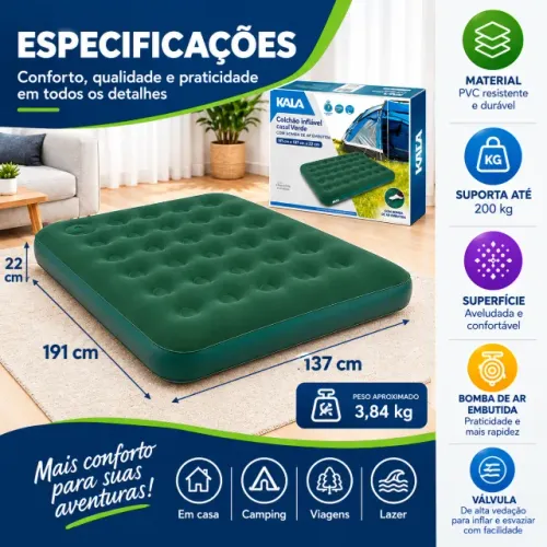Colchão Inflável Casal c/ Bomba de Encher Embutida.