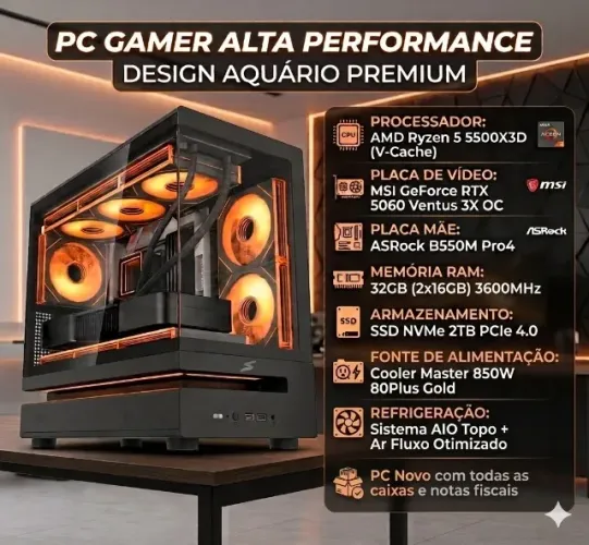 PC Gamer Top Ryzen 5500X3D, RTX 5060, 2 TB SSd NVme, 36Gb Ram 3600