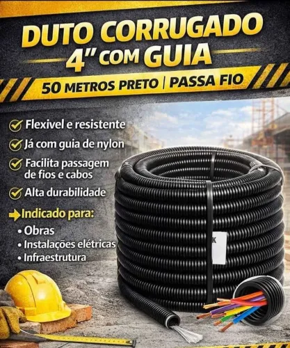 Tubo Eletroduto Corrugado 4 Polegadas (100 mm) com Guia - Rolo de 50 Metros