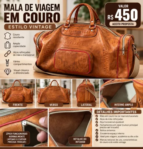 MALA DE VIAGEM EM COURO - ESTILO VINTAGE