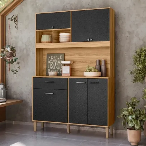 Armario De Cozinha Erva Doce 120 Cm 6 Portas E 1 Gaveta Cor Freijó/ Preto Esfera