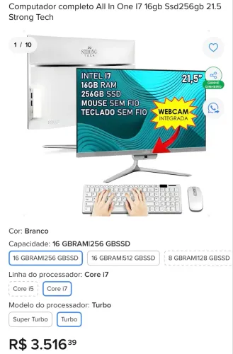 Computador completo ALLINONE i7 16gb SSD256 21.5 strongtech