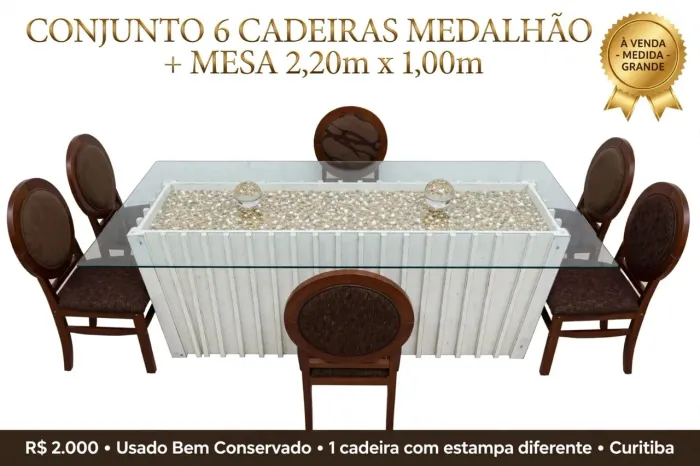 Mesa de jantar de vidro com 6 cadeiras medalhão