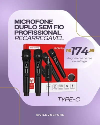 Kit de Microfones Duplos Sem Fio Recarregável Tomate Até 50M MT-2306 Type-C 2 Microfones