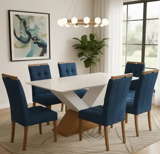 Conjunto de Jantar 6 Lugares com Vidro Off White e Veludo Azul