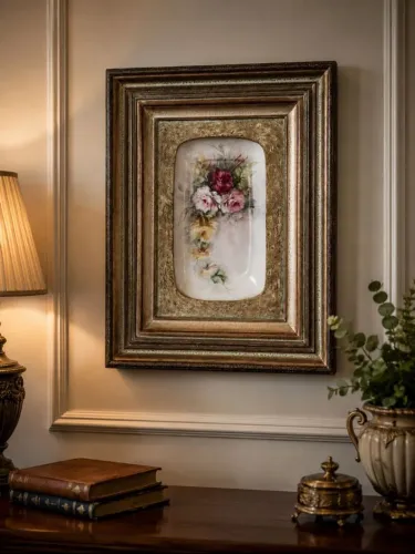 Quadro artístico com pintura em porcelana e moldura clássica 