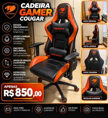 Cadeira Gamer Cougar Preta e Laranja com Almofadas