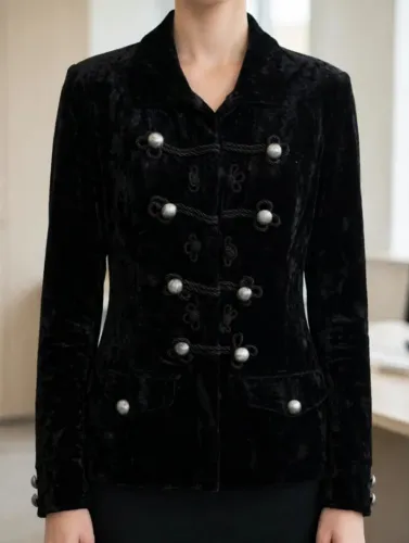 Blazer Veludo Preto Luxo Botões Pérola Alamares Tam M - Festa Noite Inverno Vintage