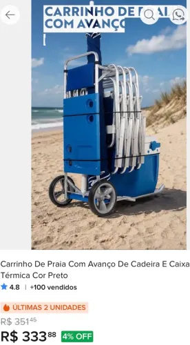 Carrinho de praia para caixa e cadeiras, que vira mesa.
