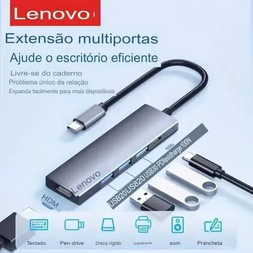 Hub USB-C Alumínio para Laptop Lenovo com 5 Portas