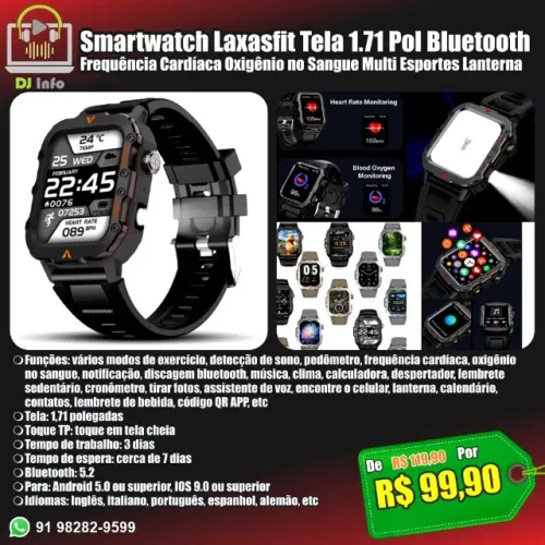 Smartwatch Laxasfit Tela 1.71 Pol Bluetooth Frequência Cardíaca Oxigênio no Sangue