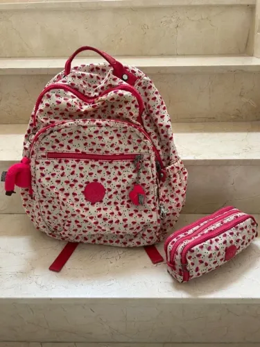 Mochila Escolar Kipling Carmine Com Estojo! Excelente Estado Rosa Borboleta