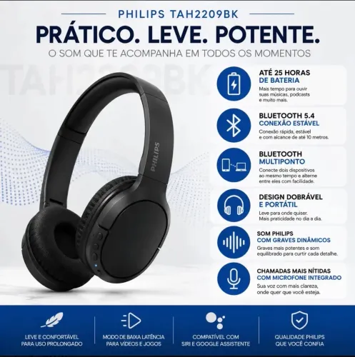 Headphone Philips Bluetooth TAH2209BK Preto