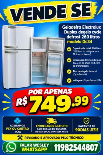 GELADEIRA DUPLEX ELECTROLUX GELOSECO 260 LITROS