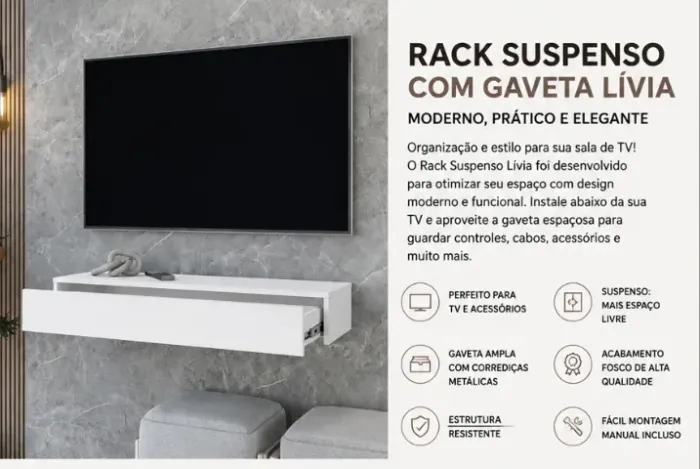 RACK SUSPENSO COM GAVETA LÍVIA - MODERNO, PRÁTICO E ELEGANTE