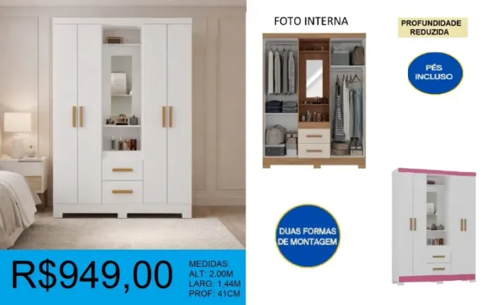 Guarda roupa capelinha com espelho - entrega e montagem gratuita 